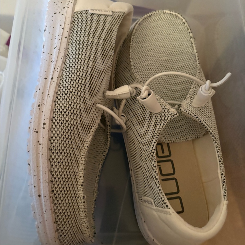Hey Dude Speckled White and Gray Loafers